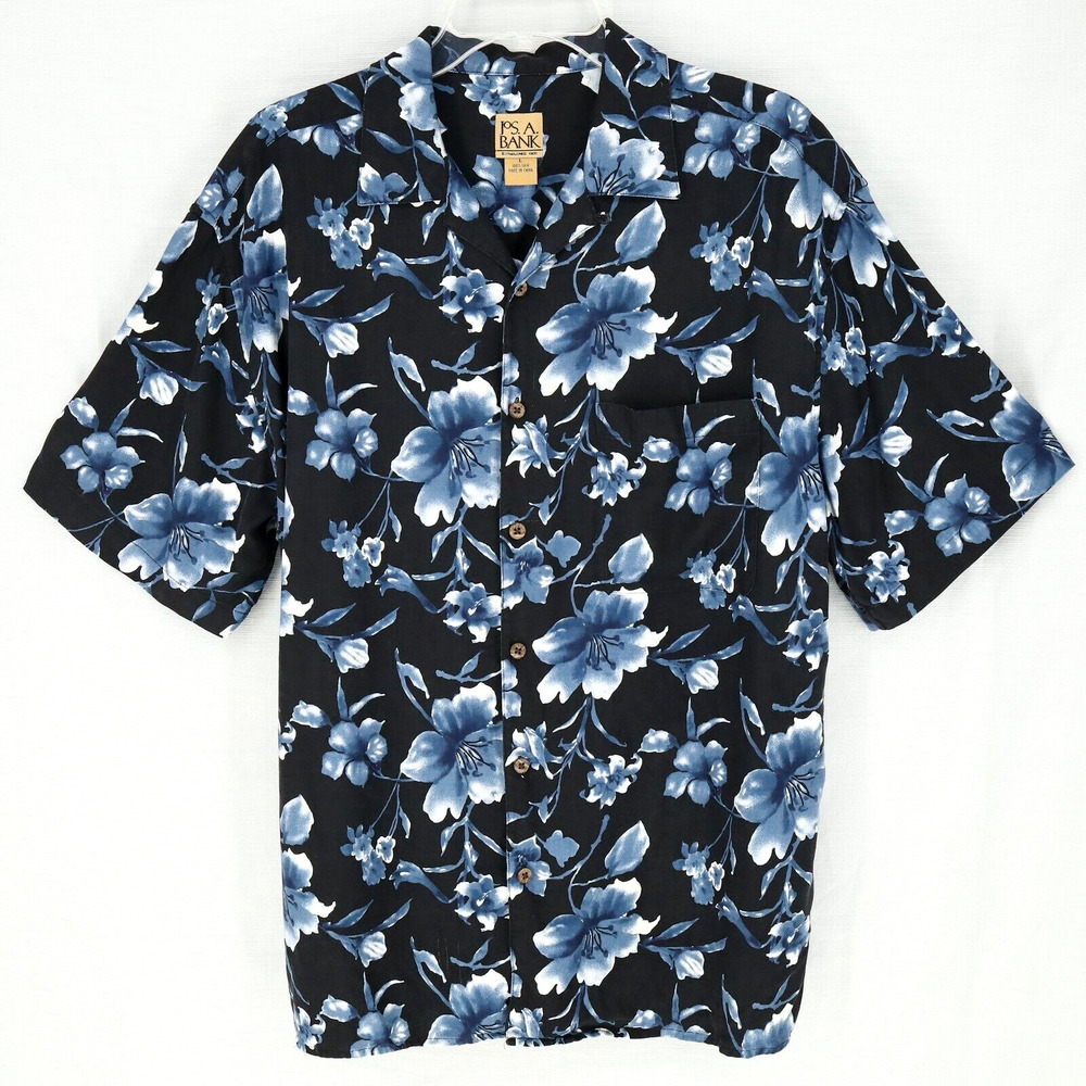 Jos A Bank Shirt Mens Large Hawaiian Silk Black Blue Floral Beach Resort Cruise